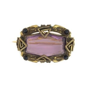 Art Deco Amethyst Glass Brooch Gold Tone Vintage to Antique
